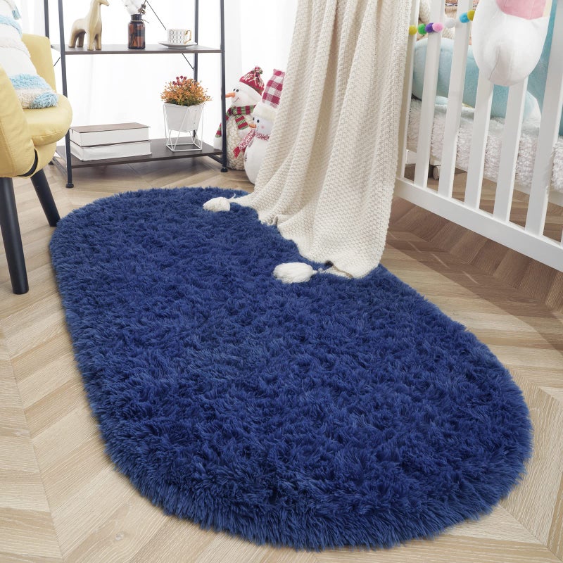ISEAU Oval Fluffy Rug Carpets, Modern Plush Shaggy Area Rug for Kids Bedroom Extra Comfy Cute Nursery Mat Bedside Mats for Boys Girls Room Home Decor, 2.6 x 5.3ft, Light Navy - Image 1